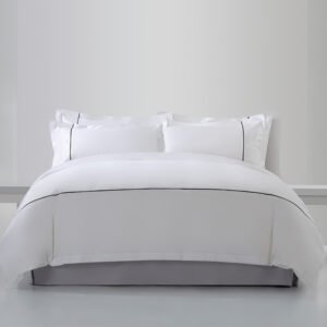 Galaxy Hospitality white hotel bedding set with contrast color inset satin band piped border