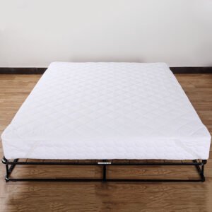 Premium white diamond-pattern quilted hotel mattress protector pad with thick elastic anchor bands on a queen mattress