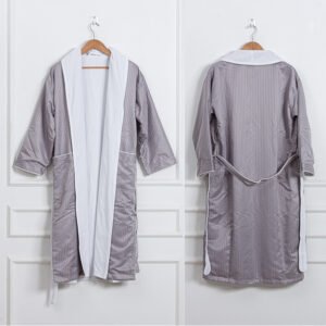 Front and back view of a premium dual-layer hotel bathrobe featuring a grey satin striped outer shell and contrasting white inner collar lining