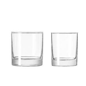 Two sizes of commercial bulk rocks glasses for hotels showcasing heavy glass bases and straight vertical walls