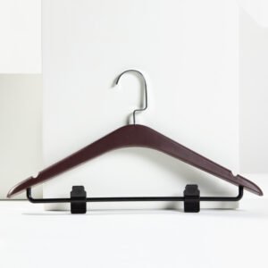 Premium dark coffee brown anti-theft hotel wooden hangers featuring a metal security ring and adjustable pants clips