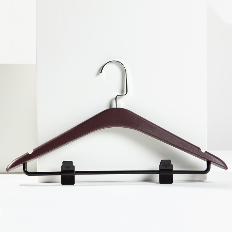 Premium dark coffee brown anti-theft hotel wooden hangers featuring a metal security ring and adjustable pants clips