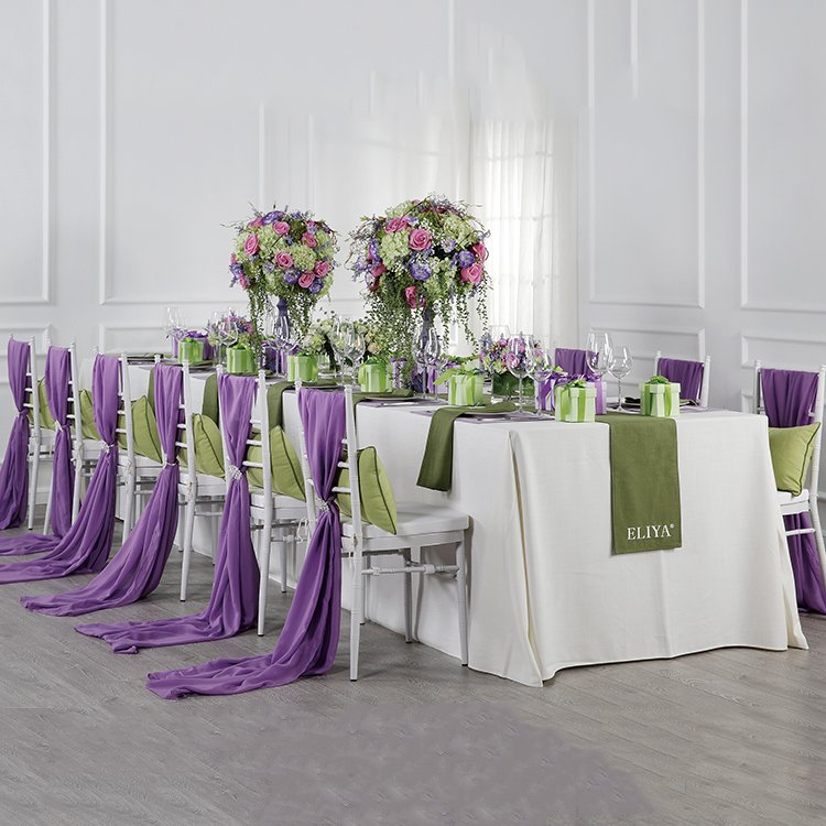 Provence theme wedding party setup with romantic purple wedding chair sashes chiffon and olive green table runners