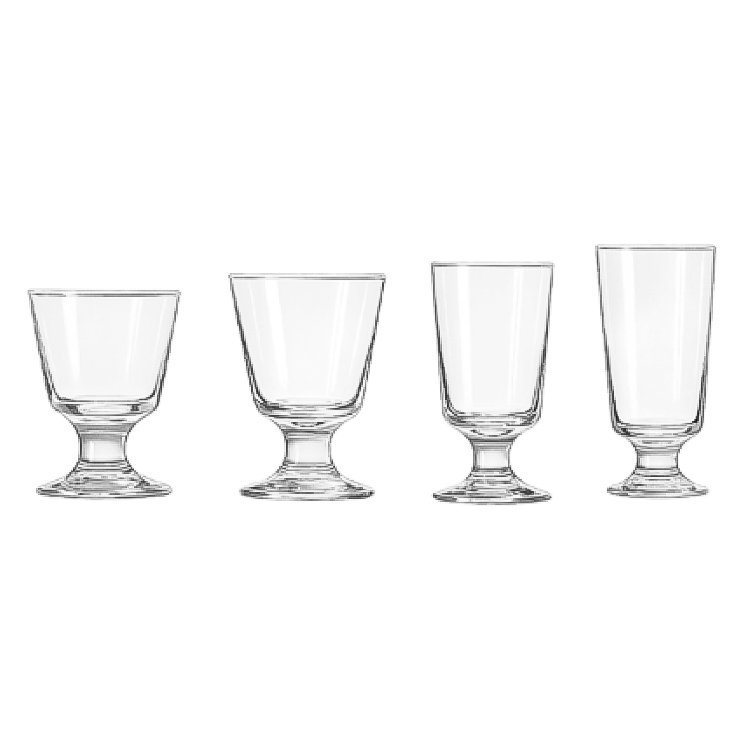 Four different capacities of commercial stemware glassware sets showcasing short sturdy bases and clear crystal glass profiles