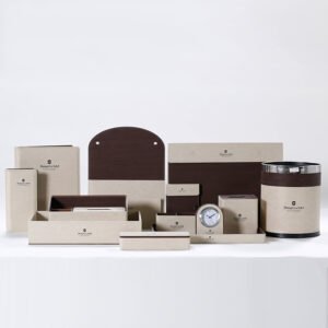 Galaxy Hospitality customizable guest room organizer sets in various textures and colors displaying luxury hotel brand logos