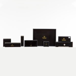 Galaxy Hospitality customizable luxury guest room organizer set in high-gloss piano black acrylic with golden branding and silver metal trims