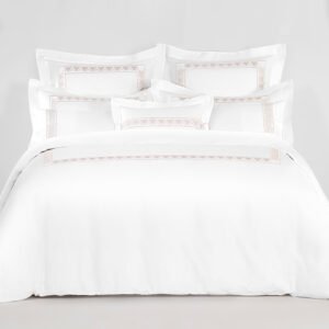 Galaxy Hospitality white hotel bedding set with elegant champagne gold classical arcade and grapevine embroidered border