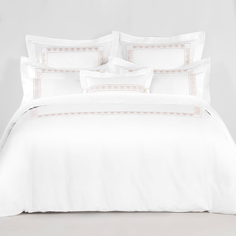 Galaxy Hospitality white hotel bedding set with elegant champagne gold classical arcade and grapevine embroidered border