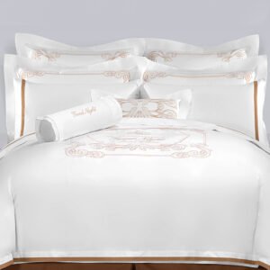 Galaxy Hospitality luxury white bedding set with elegant champagne gold court scroll embroidery and satin ribbon applique borders
