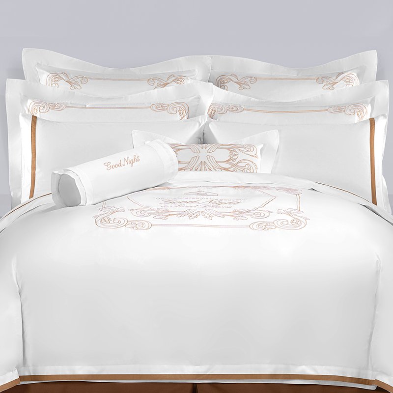 Galaxy Hospitality luxury white bedding set with elegant champagne gold court scroll embroidery and satin ribbon applique borders