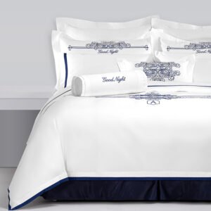 Galaxy Hospitality luxury white bedding set with royal blue court scroll embroidery and sleek satin applique border