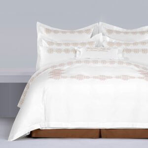 Galaxy Hospitality luxury white bedding set with elaborate gold baroque floral scroll embroidery and classic satin applique border