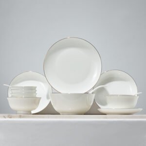 Complete elegant wholesale catering dinnerware sets showcasing white porcelain bodies with delicate luxury gold rims