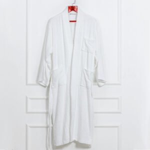Front and back view of a premium white 100% cotton hotel terry towel bathrobe displayed on hangers