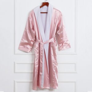 Premium dual-layer satin hotel bathrobes with contrasting white piping shown in three luxury colors: steel blue, blush pink, and champagne gold