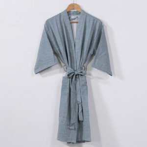 Premium lightweight hotel bathrobes shown in four elegant summer colors on hangers