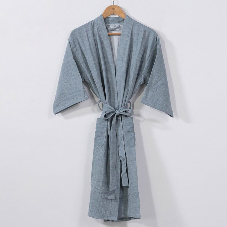 Premium lightweight hotel bathrobes shown in four elegant summer colors on hangers