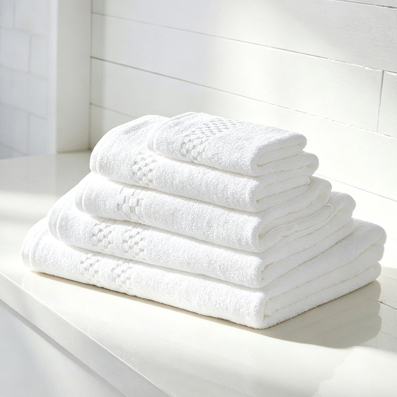 Stacked white luxury hotel towels featuring detailed checkerboard dobby border accents on a clean bathroom vanity