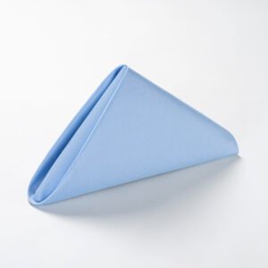 Neatly folded light blue triangle wholesale light blue polyester napkins showing smooth plain weave texture