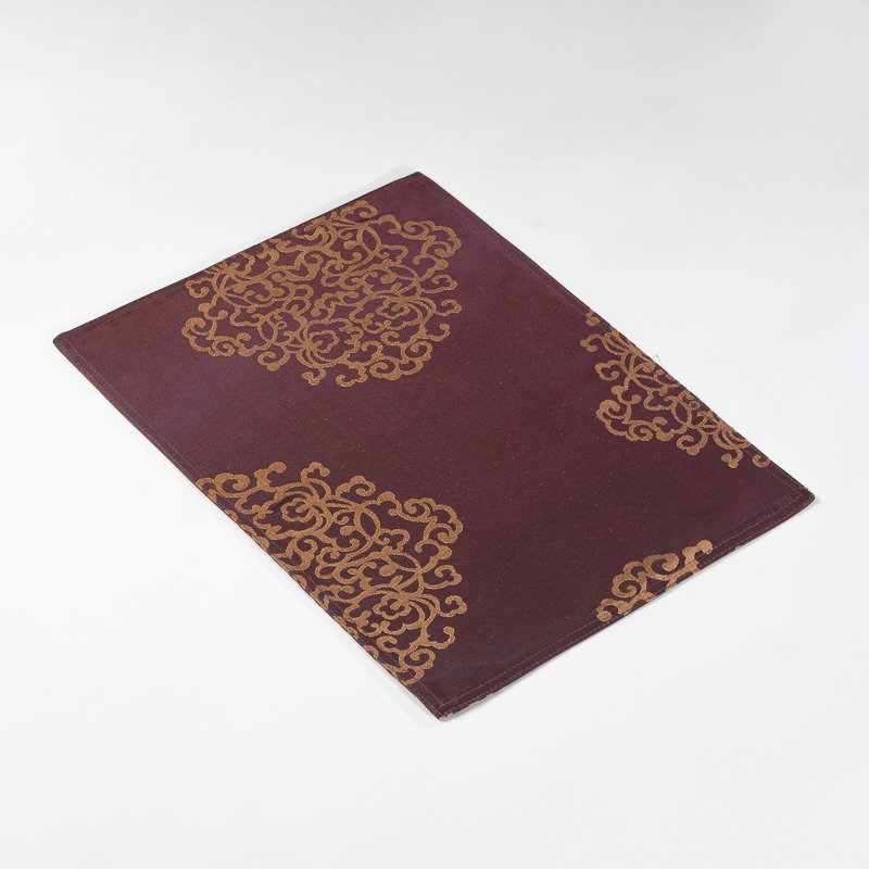 Burgundy gold wholesale polyester ruyi jacquard placemats showing oriental cloud ruyi motif and textured woven finish