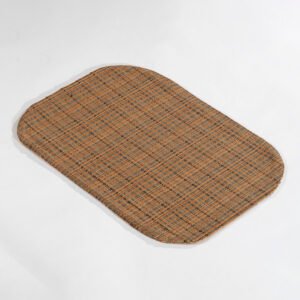 Oval textured wholesale oval woven placemats for luxury hotels showing indigo blue, brown stripe, slate blue, and beige woven finishes