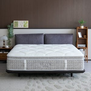 Thick hotel pillow top mattress with grey tweed woven border and quilted plush white top