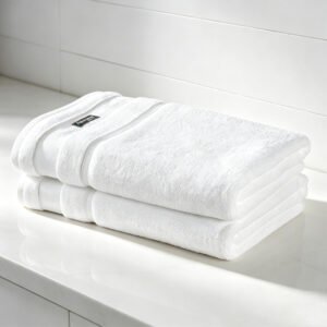 Stacked white luxury hotel towels featuring double raised cord piping dobby border accents and a black woven label on a vanity