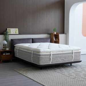 Thick quilted white mattress topper attached with button anchor straps on a plush hotel mattress