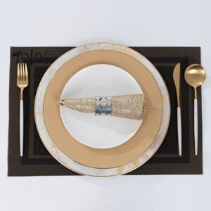 Black and brown wholesale woven pvc placemats with border frame accent set with porcelain tableware