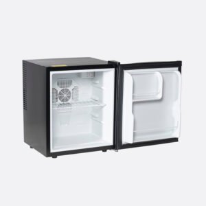 Compact black hotel silent mini fridge with door open showing interior shelves and door rack storage