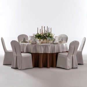 Bronze brown jacquard tablecloth set styled with cream grey overlays and fitted chair covers for luxury hotel banquets