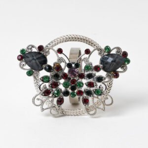 Vintage silver butterfly napkin ring featuring multicolor rhinestones and grey teardrop gemstones