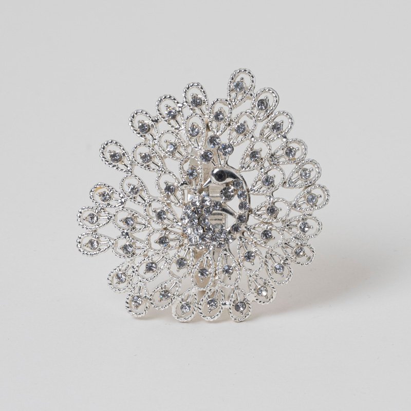 Silver rhinestone peacock napkin ring featuring a fanned tail design encrusted with sparkling clear crystals