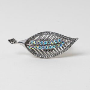 Silver rhinestone leaf napkin ring featuring clear crystal borders and dual rows of iridescent AB rhinestones