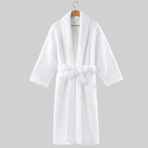 Ultra-soft white feather fleece hotel bathrobe with shawl collar and waist belt