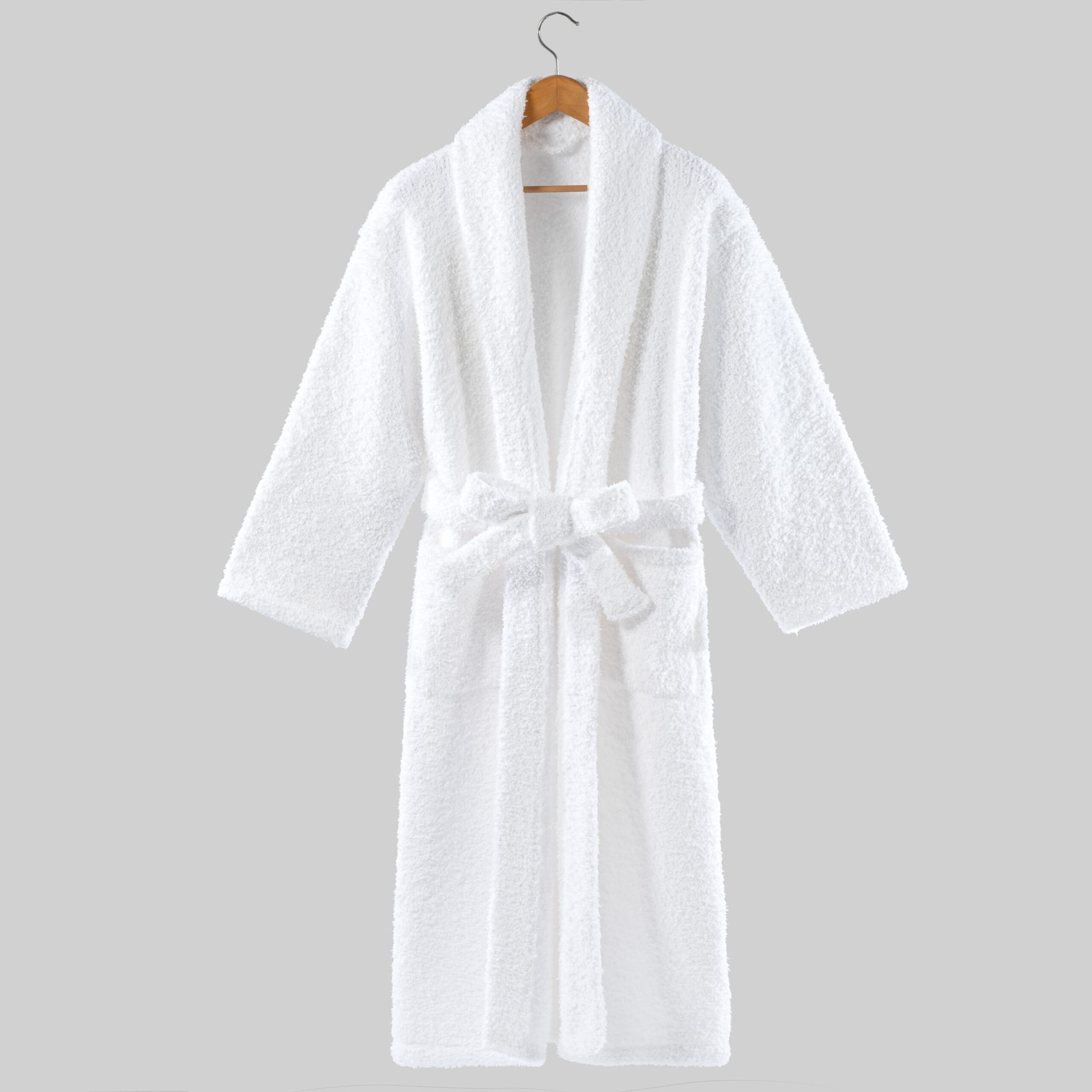 Ultra-soft white feather fleece hotel bathrobe with shawl collar and waist belt