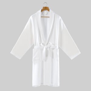 White herringbone pattern hotel bathrobe with shawl collar and waist belt