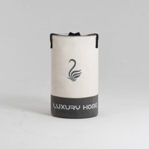 Drawstring round cotton canvas bag with handle and dark grey trim for pillow and mattress protector packaging
