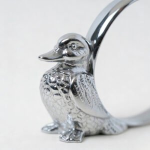 Polished silver duck napkin ring featuring a 3D sculpted duckling with detailed feather textures