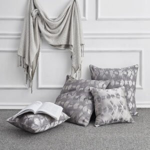 Silver grey abstract feather jacquard throw pillow cover with concealed zipper