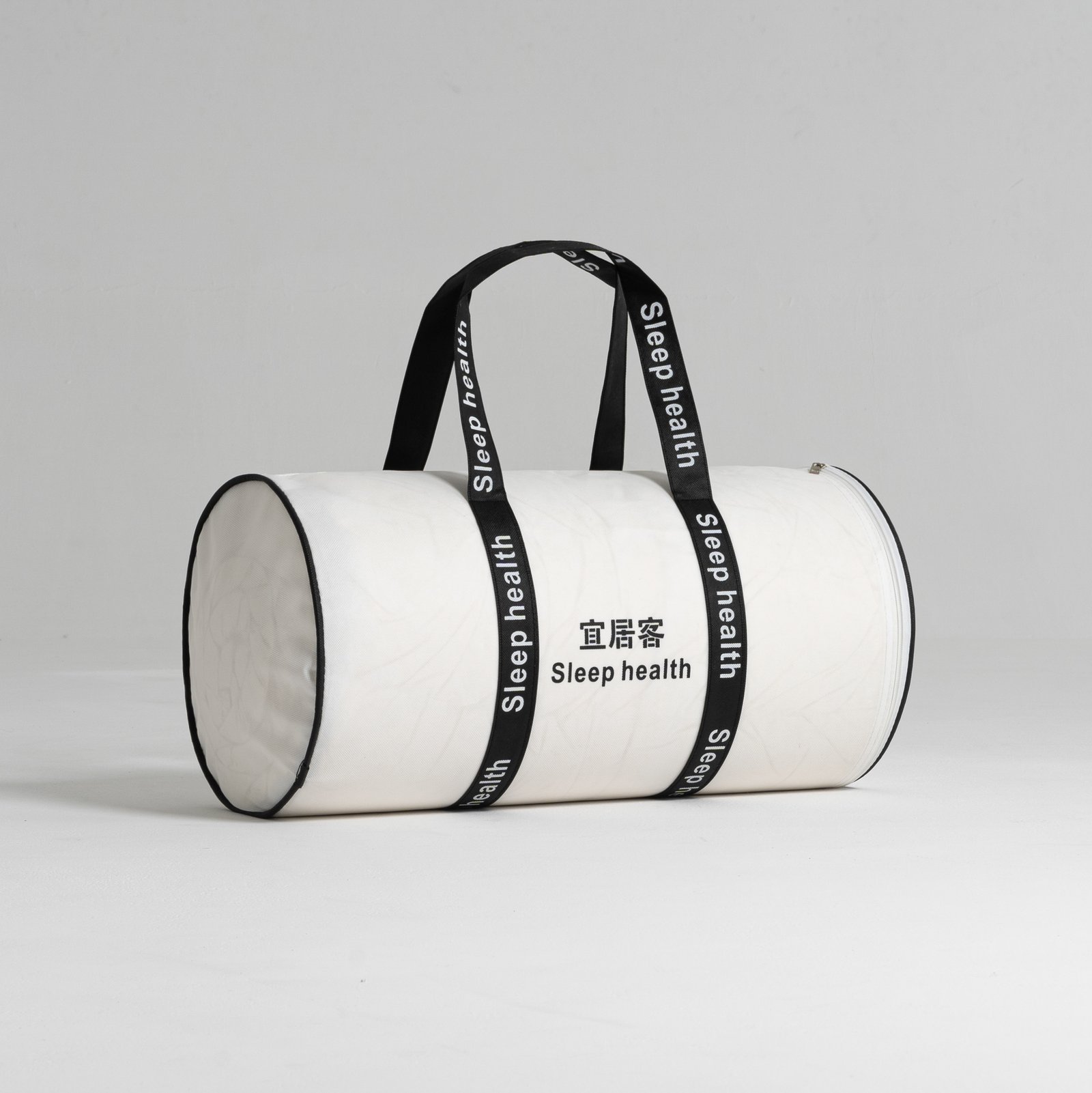 Zipper round non woven white bag with black branded handles for pillow and mattress protector packaging