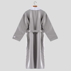 Grey double layer hotel bathrobe with white shawl collar and custom logo embroidery