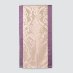 Champagne pink baroque jacquard hotel bed runner with purple border and matching throw pillow covers