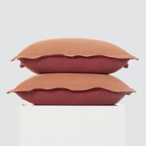 Reversible terracotta and deep red linen texture decorative pillow cover with flange rim