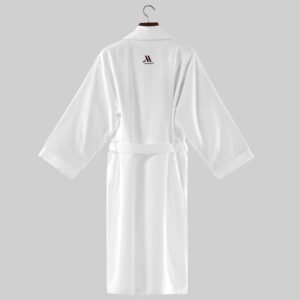 Lightweight white hotel bathrobe with shawl collar and custom logo embroidery